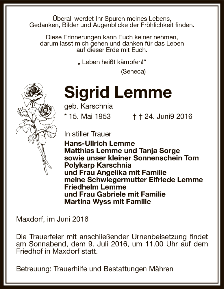  Traueranzeige für Sigrid Lemme vom 25.06.2016 aus Uelzen