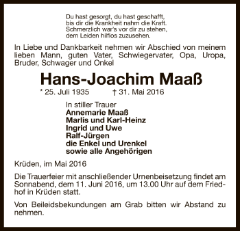 Traueranzeige von Hans-Joachim Maaß von Uelzen