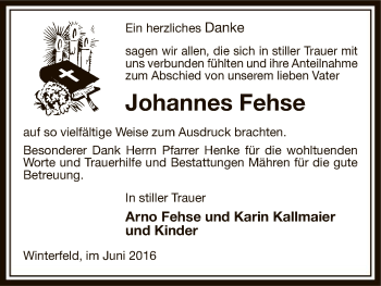 Traueranzeige von Johannes Fehse von Uelzen