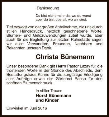 Traueranzeige von Christa Bünemann von Uelzen