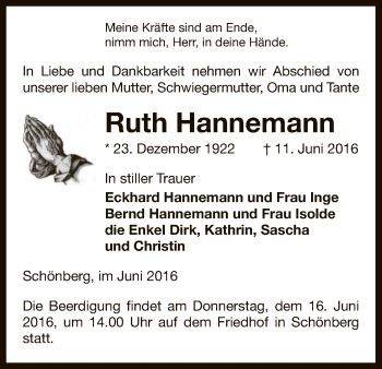 Traueranzeige von Ruth Hannemann von Uelzen