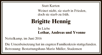 Traueranzeige von Brigitte Hennig von Uelzen