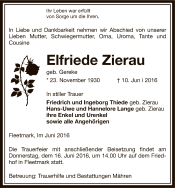 Traueranzeige von Elfriede Zierau von Uelzen