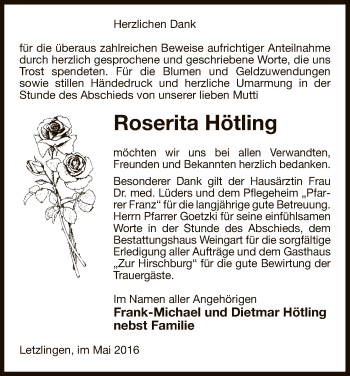 Traueranzeige von Roserita Hötling von Uelzen