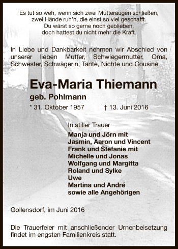 Traueranzeige von Eva-Maria Thiemann von Uelzen