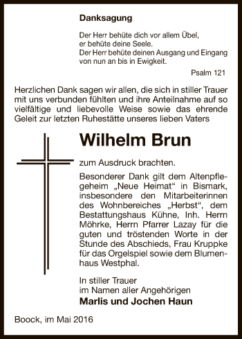 Traueranzeige von Wilhelm Brun von Uelzen