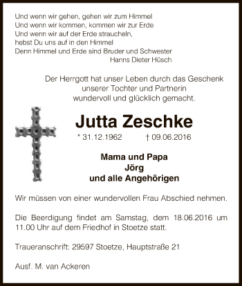 Traueranzeige von Jutta Zeschke von Uelzen