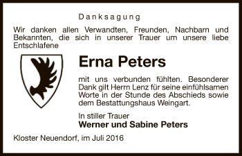 Traueranzeige von Erna Peters von Uelzen