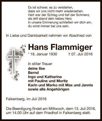 Traueranzeige von Hans Flammiger von Uelzen