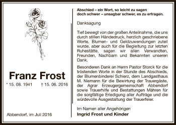 Traueranzeige von Franz Frost von Uelzen