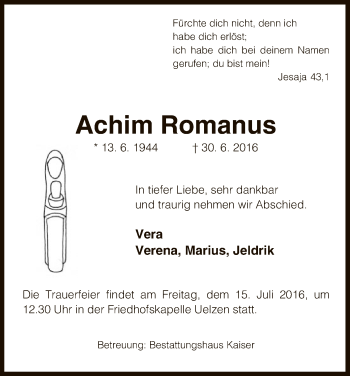 Traueranzeige von Achim Romanus von Uelzen