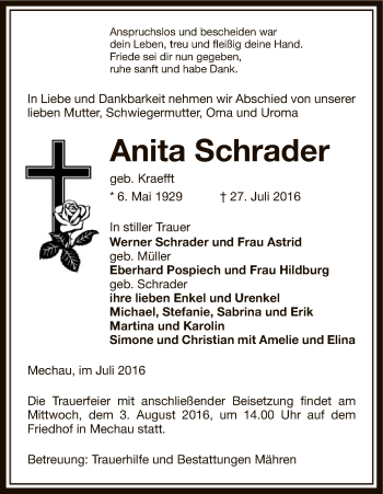 Traueranzeige von Anita Schrader von Uelzen