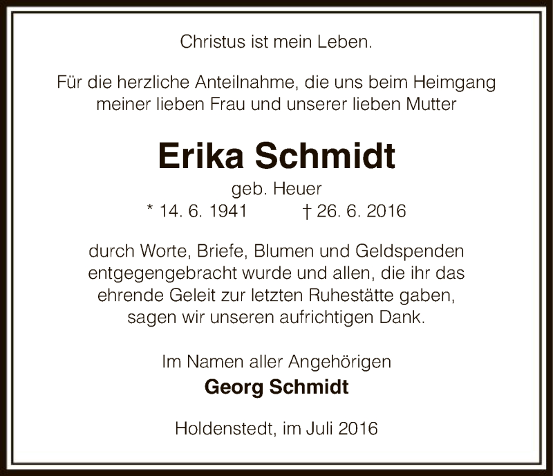  Traueranzeige für Erika Schmidt vom 23.07.2016 aus Uelzen