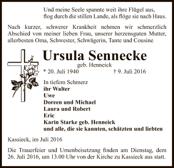 Traueranzeige von Ursula Sennecke von Uelzen