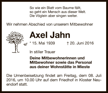 Traueranzeige von Axel Jahn von Uelzen