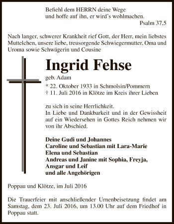 Traueranzeige von Ingrid Fehse von Uelzen