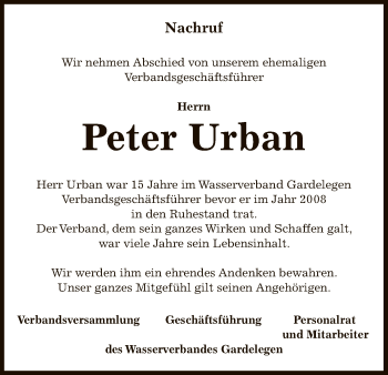 Traueranzeige von Peter Urban von Uelzen