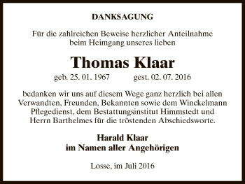 Traueranzeige von Thomas Klaar von Uelzen