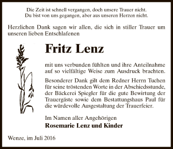 Traueranzeige von Fritz Lenz von Uelzen