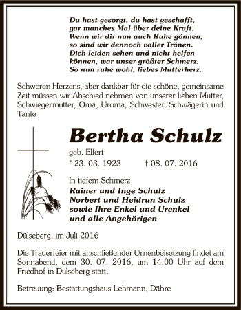 Traueranzeige von Bertha Schulz von Uelzen