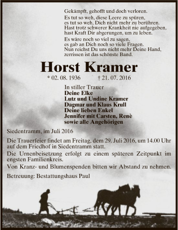 Traueranzeige von Horst Kramer von Uelzen