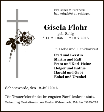 Traueranzeige von Gisela Flohr von Uelzen