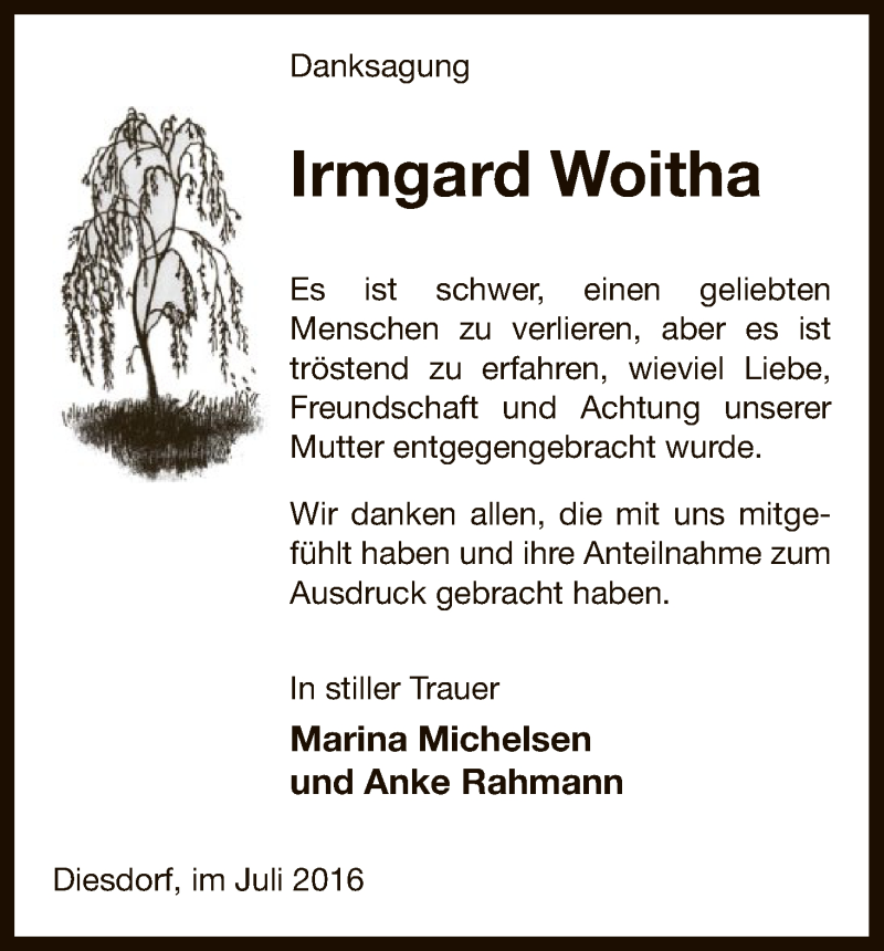  Traueranzeige für Irmgard Woitha vom 19.07.2016 aus Uelzen