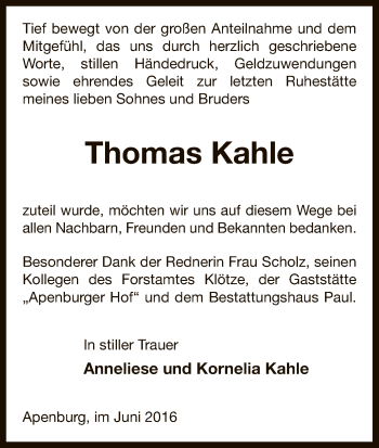 Traueranzeige von Thomas Kahle von Uelzen