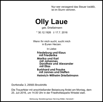 Traueranzeige von Olly Laue von Uelzen