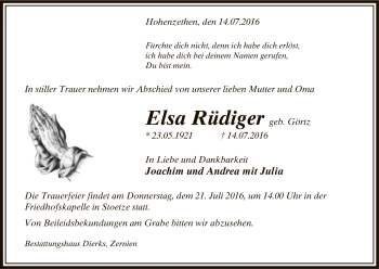 Traueranzeige von Elsa Rüdiger von Uelzen