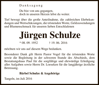 Traueranzeige von Jürgen Schulze von Uelzen