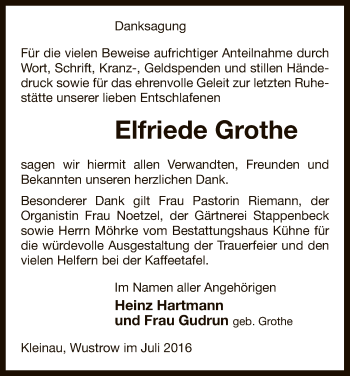 Traueranzeige von Elfriede Grothe von Uelzen