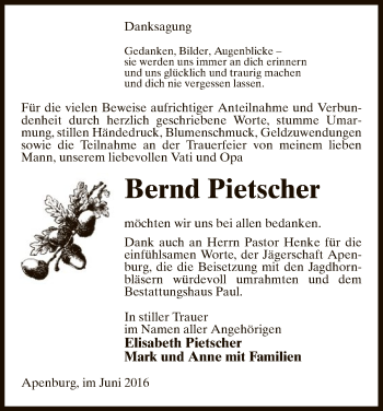 Traueranzeige von Bernd Pietscher von Uelzen