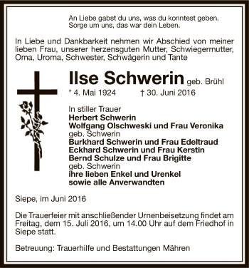 Traueranzeige von Ilse Schwerin von Uelzen