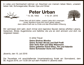 Traueranzeige von Peter Urban von Uelzen