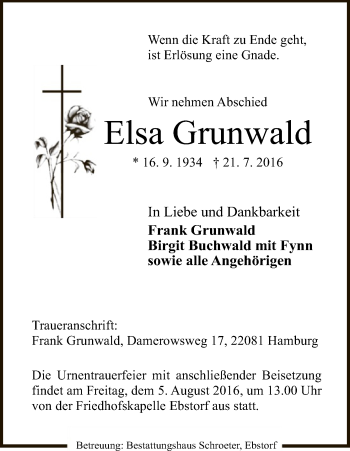 Traueranzeige von Elsa Grunwald von Uelzen