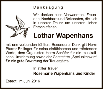 Traueranzeige von Lothar Wapenhans von Uelzen