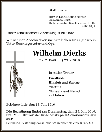 Traueranzeige von Wilhelm Dierks von Uelzen