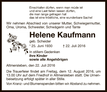 Traueranzeige von Helene Kaufmann von Uelzen