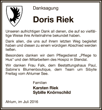 Traueranzeige von Doris Riek von Uelzen