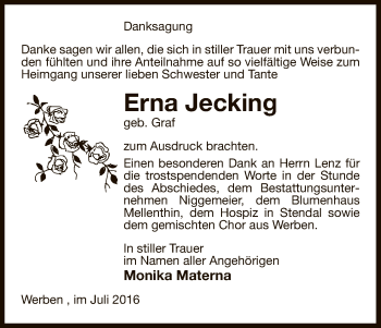 Traueranzeige von Erna Jecking von Uelzen