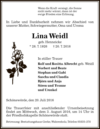 Traueranzeige von Lina Weidl von Uelzen