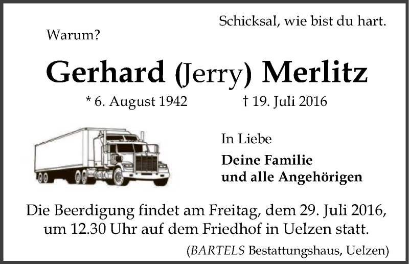  Traueranzeige für Gerhard Merlitz vom 23.07.2016 aus Uelzen