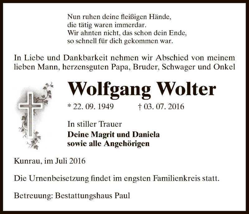  Traueranzeige für Wolfgang Wolter vom 05.07.2016 aus Uelzen