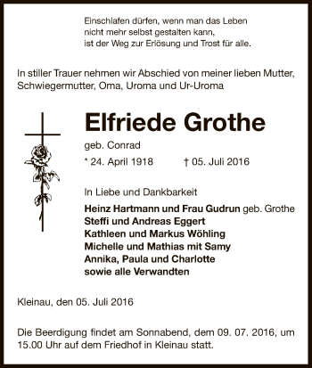 Traueranzeige von Elfriede Grothe von Uelzen