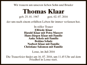 Traueranzeige von Thomas Klaar von Uelzen