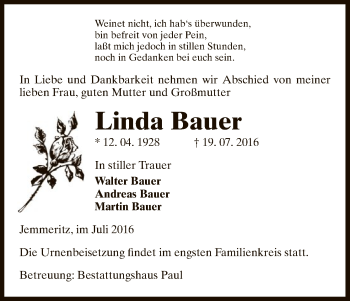 Traueranzeige von Linda Bauer von Uelzen