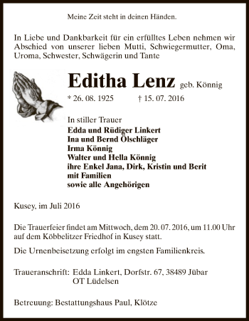 Traueranzeige von Editha Lenz von Uelzen