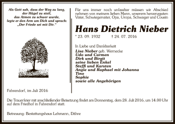Traueranzeige von Hans Dietrich Nieber von Uelzen