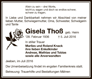 Traueranzeige von Gisela Thoß von Uelzen